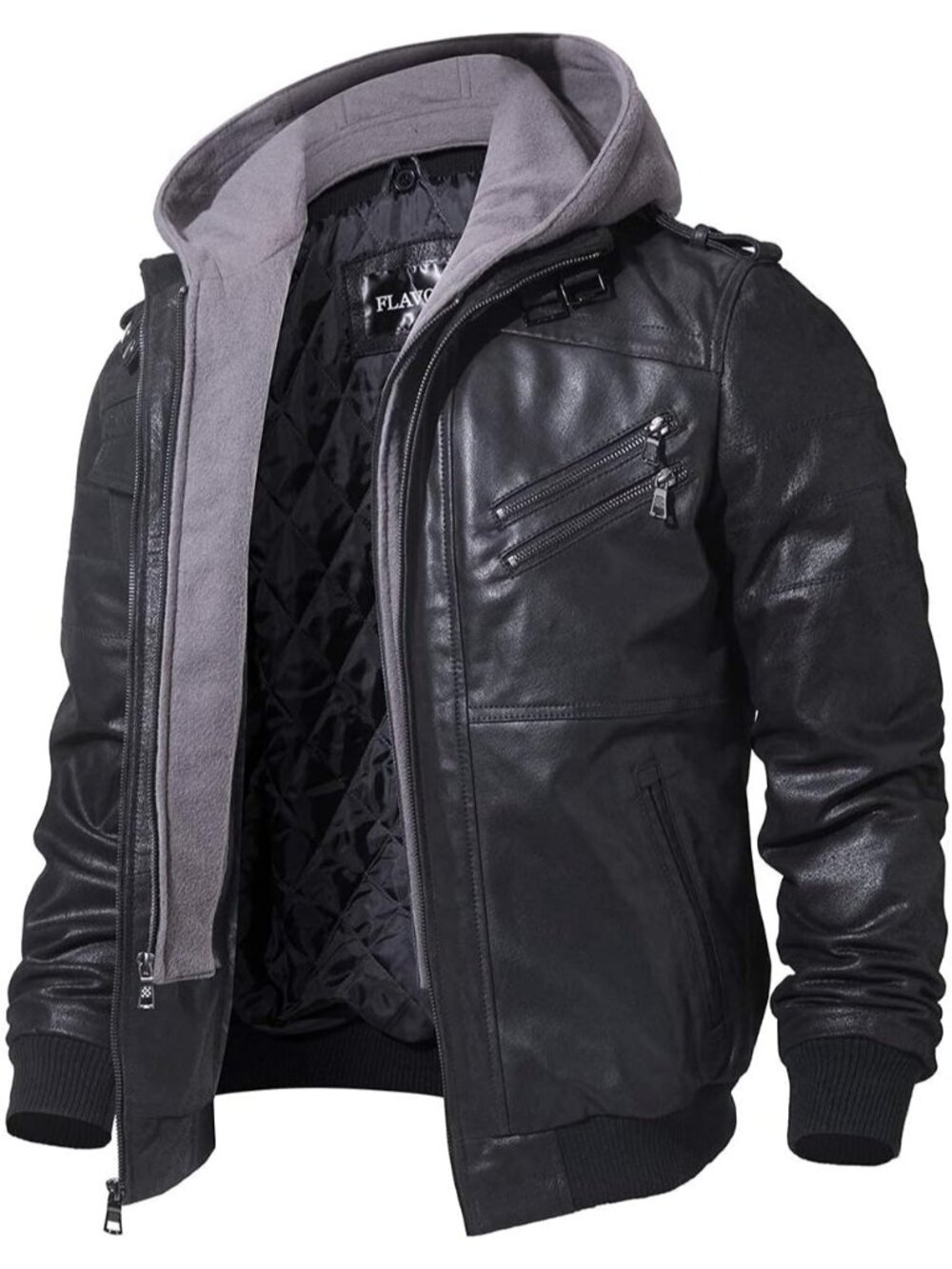 Men’s Genuine Suede Leather Jacket with Removable Hood Casual Biker Coat-Black